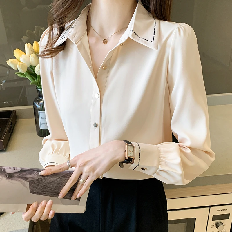 

Office Ladies Button Up Shirt Elegant Blouse Women Autumn Korean Fashion Long Sleeve Collared Shirts Clothes vetement femme 2021