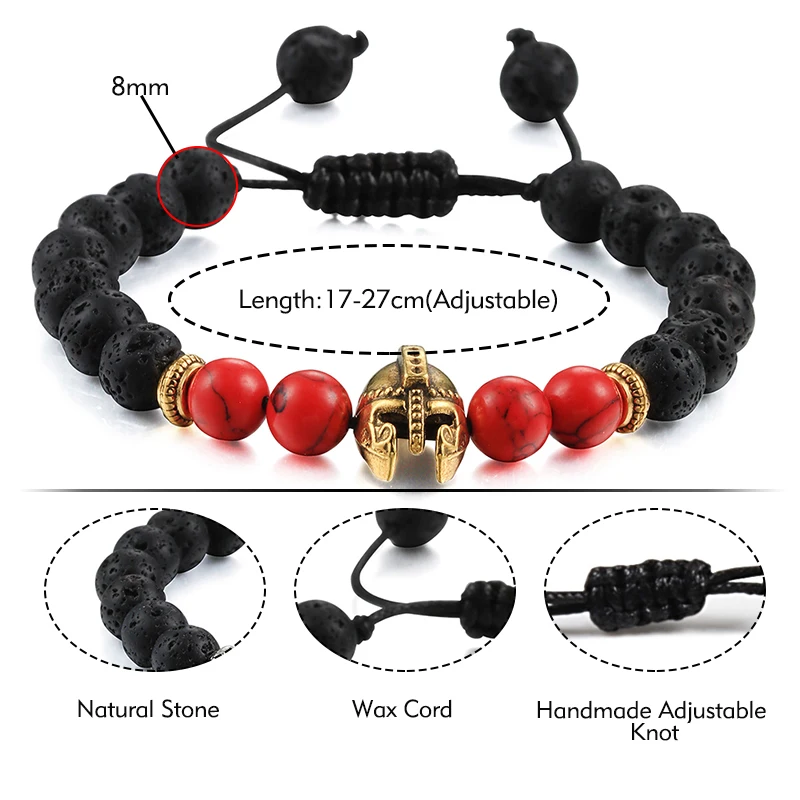 Для мужчин браслеты из лавового камня римского рыцаря спартанский воин шлем