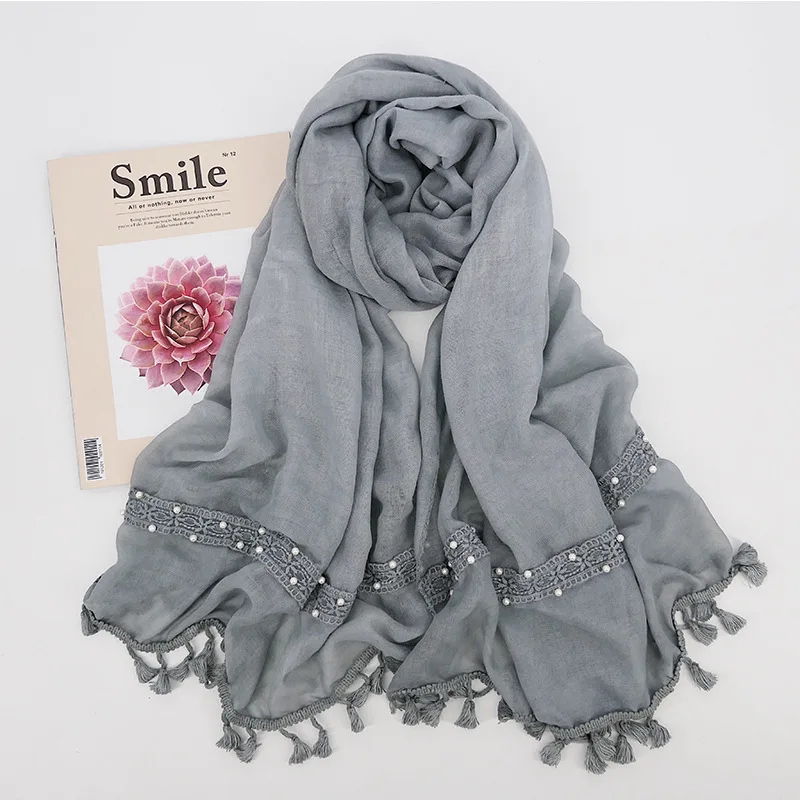 

Pure Color Stitching Shawl with Pearls Pashmina Four Seasons COTTON WOMEN Outdoor Decorate Scarves Solid Adult
