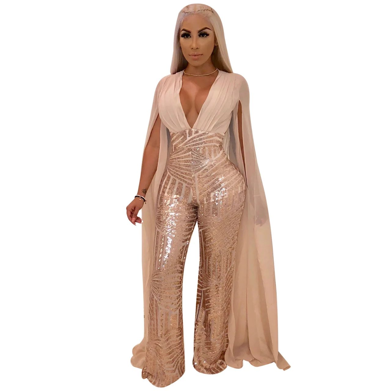 Night Party Bodycon Women Hot Drilling Sequined Gold Cloak Long Sleeve Open Back Luxurious V-neck Jumpsuits Sexy Club Rompers