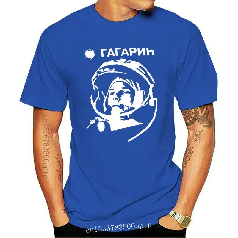 

New Russian Graphic 100% Cotton Blue T-Shirt With Gagarin Russian Cosmonaut Print Harajuku Tee Tshirt