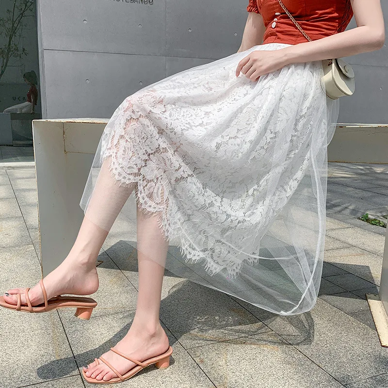 

White Yarn Skirt Women's Skirt Spring Tulle Skirt Mid-Length Fairy Pleated Long Skirt Summer New