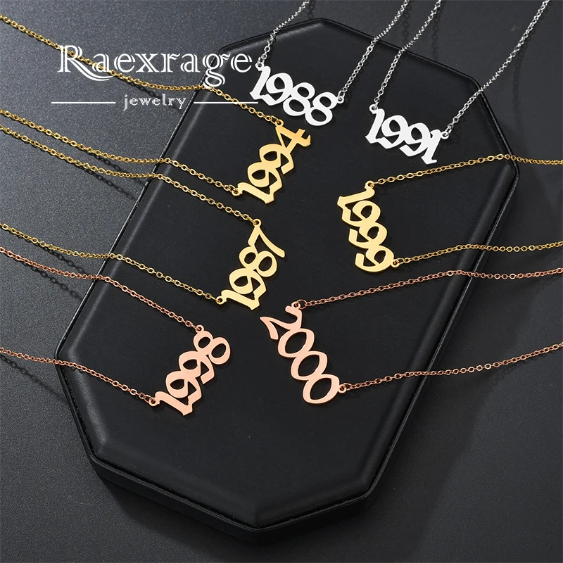 Raexrage Custom Birth Years Necklaces Stainless Steel Numbers Letter Nameplate Necklaces Personalized Birth Day Gifts