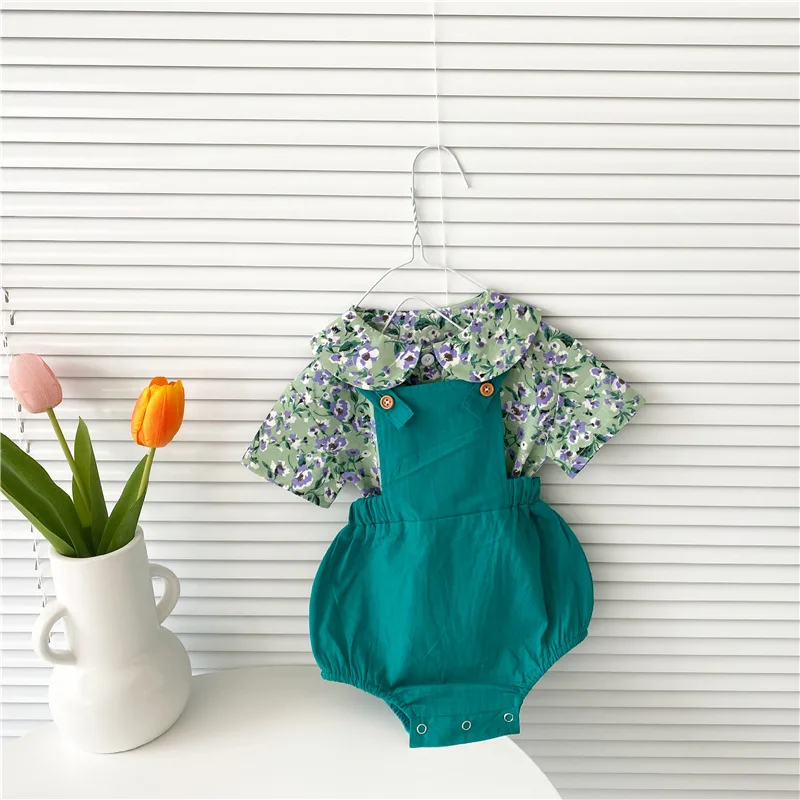 

Casual Newborn Baby Boy Girl Summer New Clothes Set Infant Printed Lapel Short Sleeves Tops + Solid Suspender Bodysuits