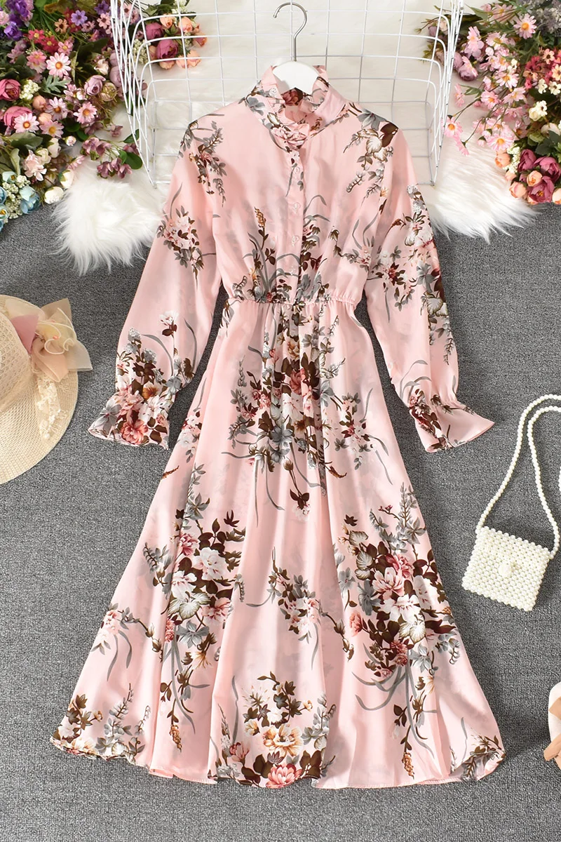 

2021 New Spring Autumn Temperament stand collar long sleeve Dress high waist pleated waist print mid-long A-line Dress