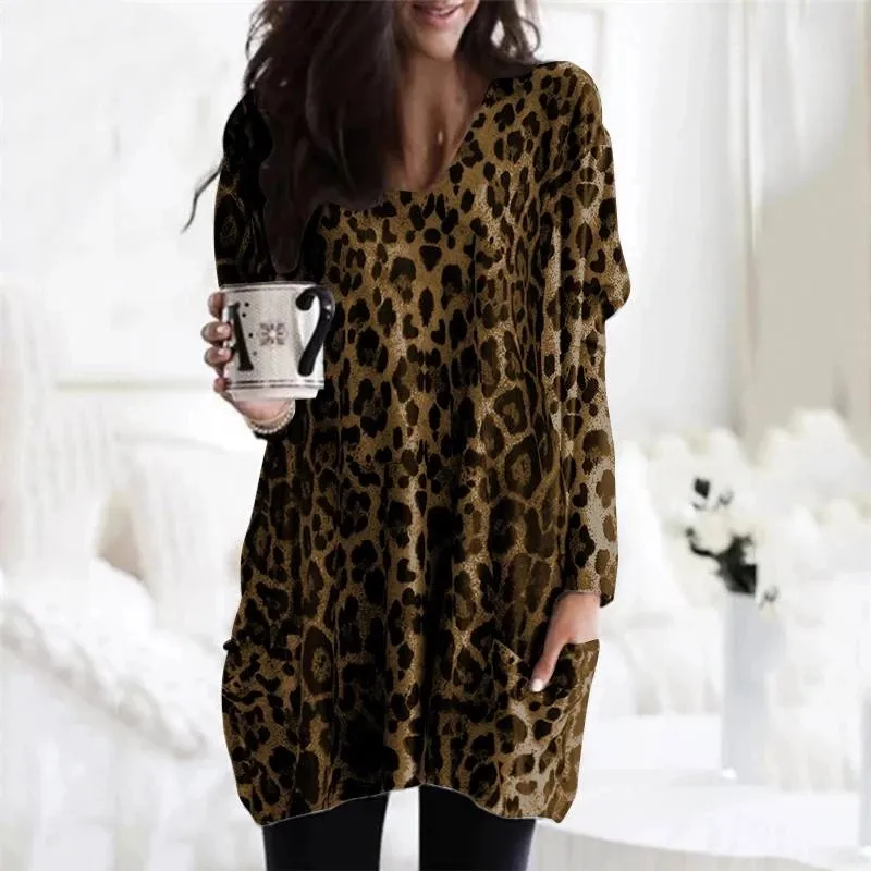 

Vintage Long Sleeve Tunic Tops Women Sexy V-Neck Blouses Pockets Casual Leopard Print Shirt Elegant Work Blusas Femininas