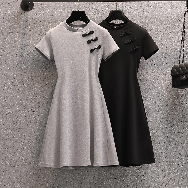 

4XL Plus Size Women Vintage Chinese Cheongsam Dresses Summer 2021 Short Sleeve High Waist A-Line Cotton Tshirt Dress Casual