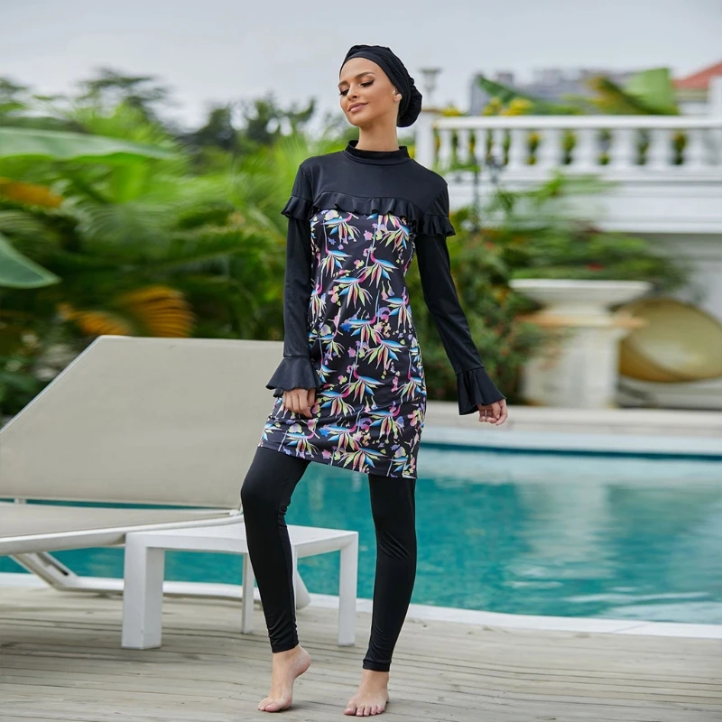 

Women Muslim 3pcs Burkini with Hijab Cap Long Sleeve Ruffled Modest Swimsuit Islamic Stand Collar Full Cover Beachwear