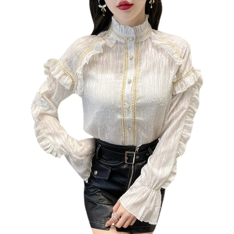 

SuperAen Spring 2021 New Solid White Shirt Half High Collar Office Lady Button Women Tops