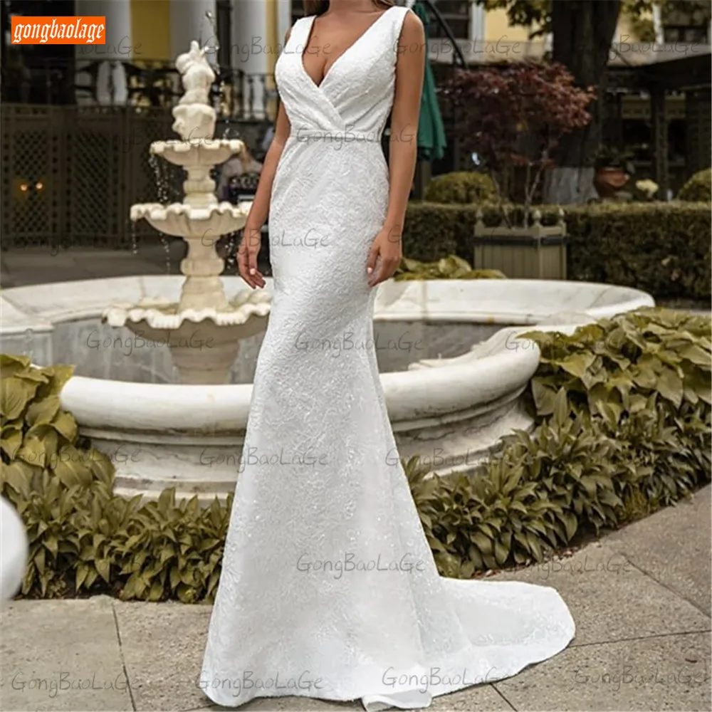

Elegant White V Neck Wedding Dresses 2021 Custom Made Robe De Mariée Mermaid Lace Appliques Bride Gowns Slim Fit Hochzeitskleid