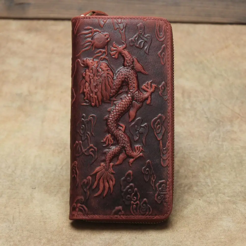 

Retro Crazy Horse Leather Embossed Wallet 2021 New Dragon Pattern Long Men Wallets Card Holder Handmade Cowhide Purse