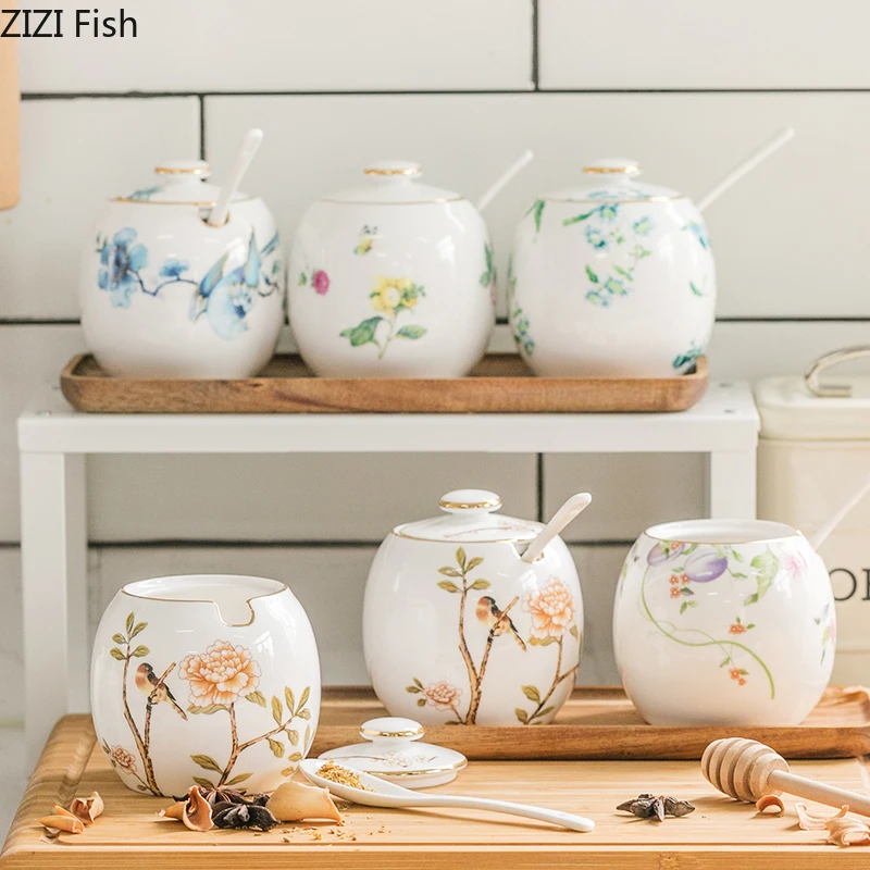 Chinese Style Ceramics Spice Jar Suit Seasoning Box Three-piece Kitchen Storage Home Decorations with Lid Spoon | - Фото №1