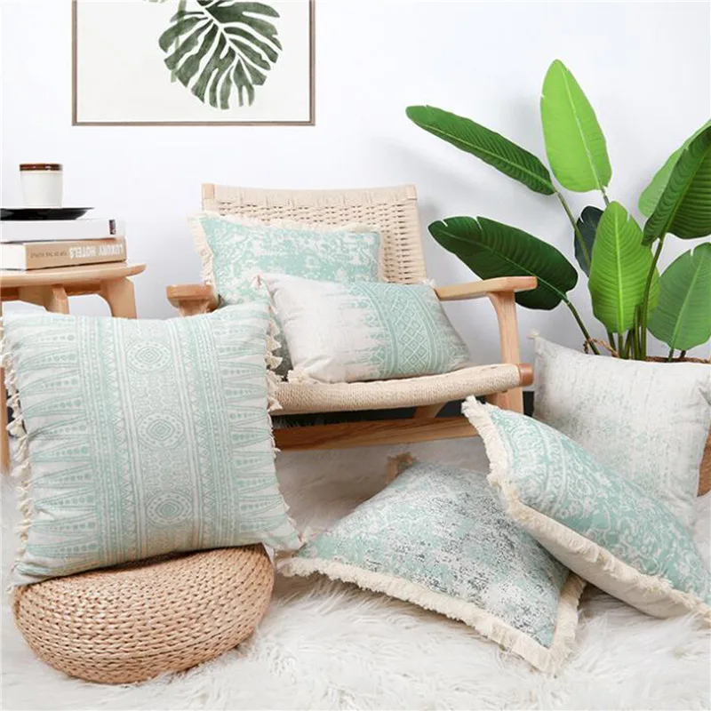 

Vintage Pillow Cover 45x45cm Green Cushion Cover Cotton Linen With Tassles for home decoration Living Room Retro