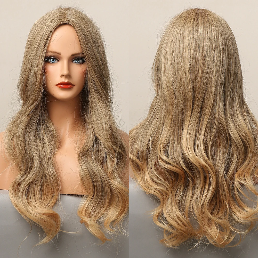 

Long Body Wave Wigs Gray Brown Blonde Synthetic Wigs for Women Afro American Middle Part Heat Resistant Cosplay Use Party Daily