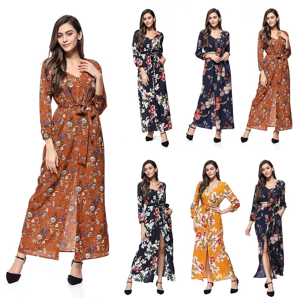 Свободные платья с длинным рукавом Зимние богемные пляжные женские цветочные