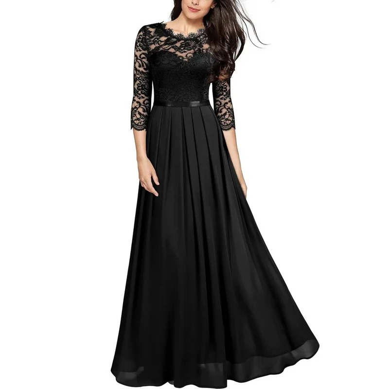 

Dresses for Women 2021 Stitching Chiffon Dresses Round Neck Lace Long Skirt Luxury Party Evening Dress Casual Women's Dresses