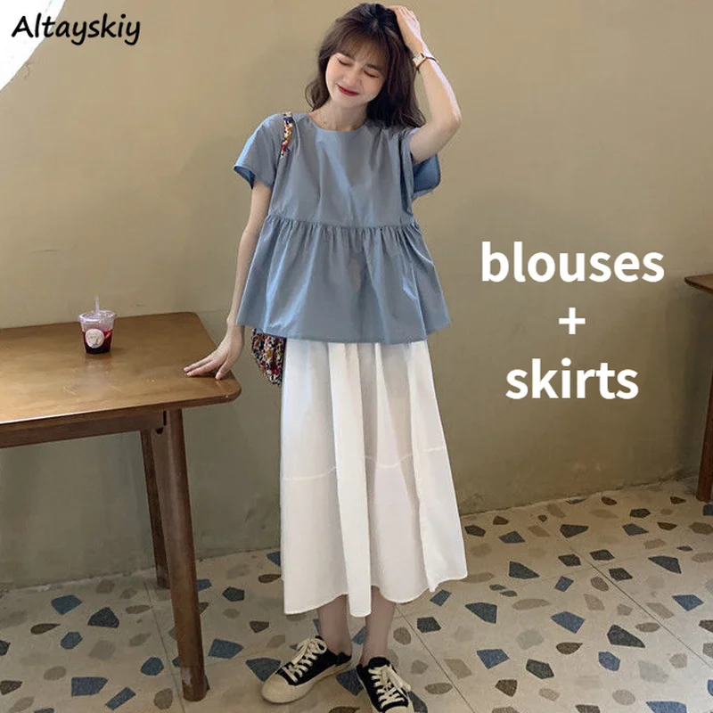 

Sets Women Summer Two Piece Sweet Back Bow Design Causal Fashion Blouse Solid Simple Loose Elastic Waist Female Skirts Popular