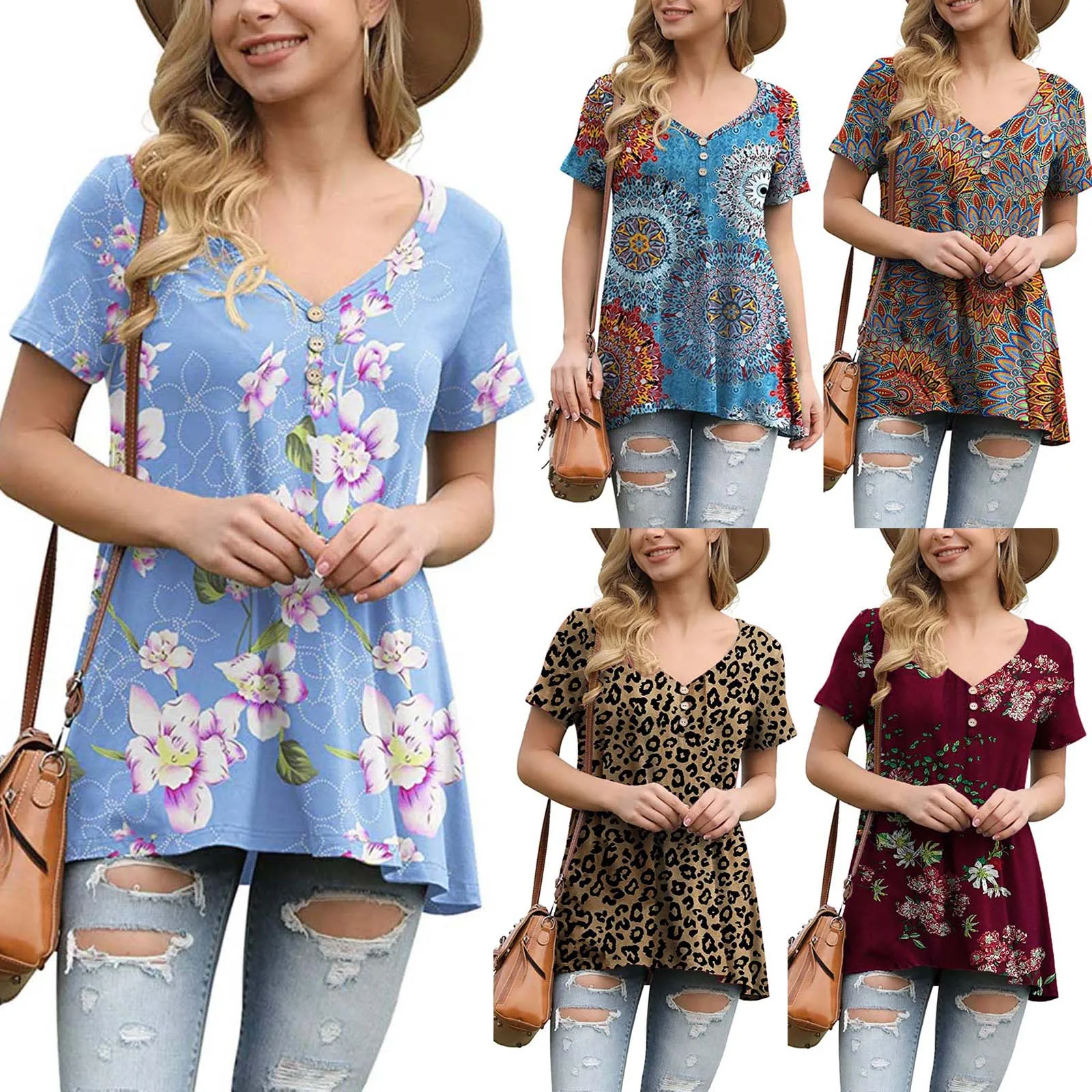 

Tie Dye T Shirt Women Red Fashion Summer Shirt V Collar Short Sleeve Tanks Top Printing Easy Leisure Time Button