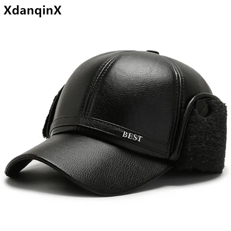 

New Winter Men's Earmuffs Hat PU Thick Warm Baseball Caps Snapback Cap Middle-aged Elderly Dad's Winter Hats Casual Sports Cap