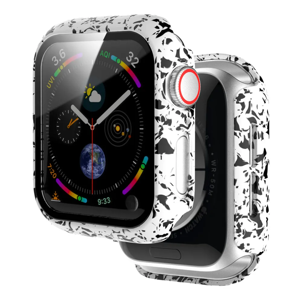 Fashion Pattern PC Hard Screen Protector Case for Apple Watch Cover Series SE 6 5 4 3 with Glass Film 40mm 44mm 38mm 42mm Bumper