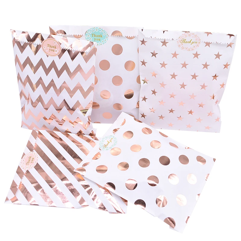 

25Pcs Rose Gold Paper Bags Gift Bag Treat Candy Bag Wedding Party Favor Food Packing Snack Cookies Chevron Polka Dot Stripe Bags