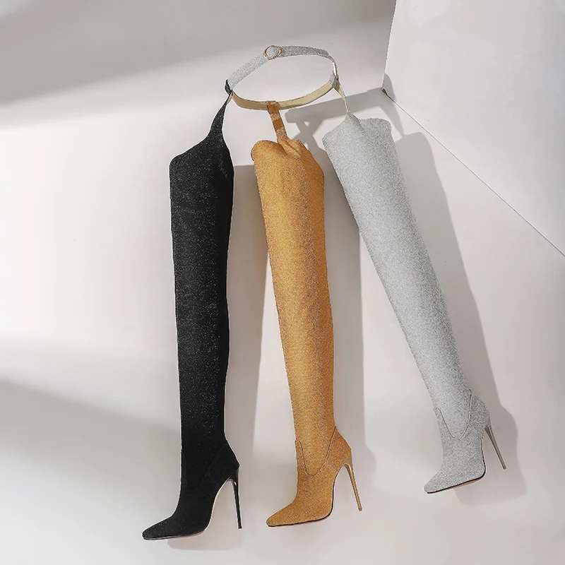 

ochanmeb Women Glitter Over the Knee Crotch Boots Stiletto Heel Rihanna Thigh High Boot Waist Belt Waistband Zip Woman Shoes