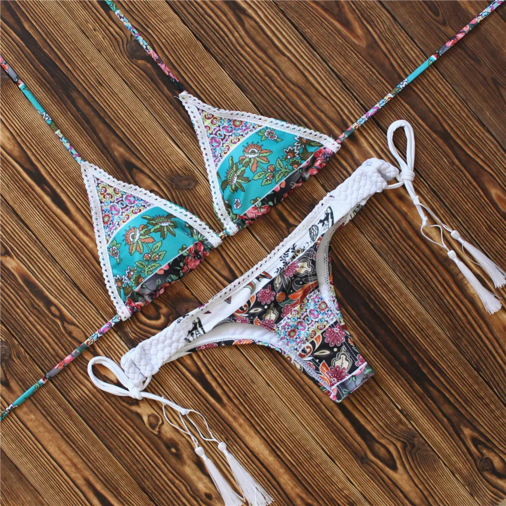 Летние молодые девушки бикини с бахромой мини микро стринги купальник пляжный