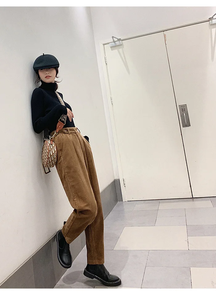 Winter Corduroy Pants Women Autumn High Waist Pockets Trousers Women Plus Size Streetwear Harem Pants Pantalon Femme