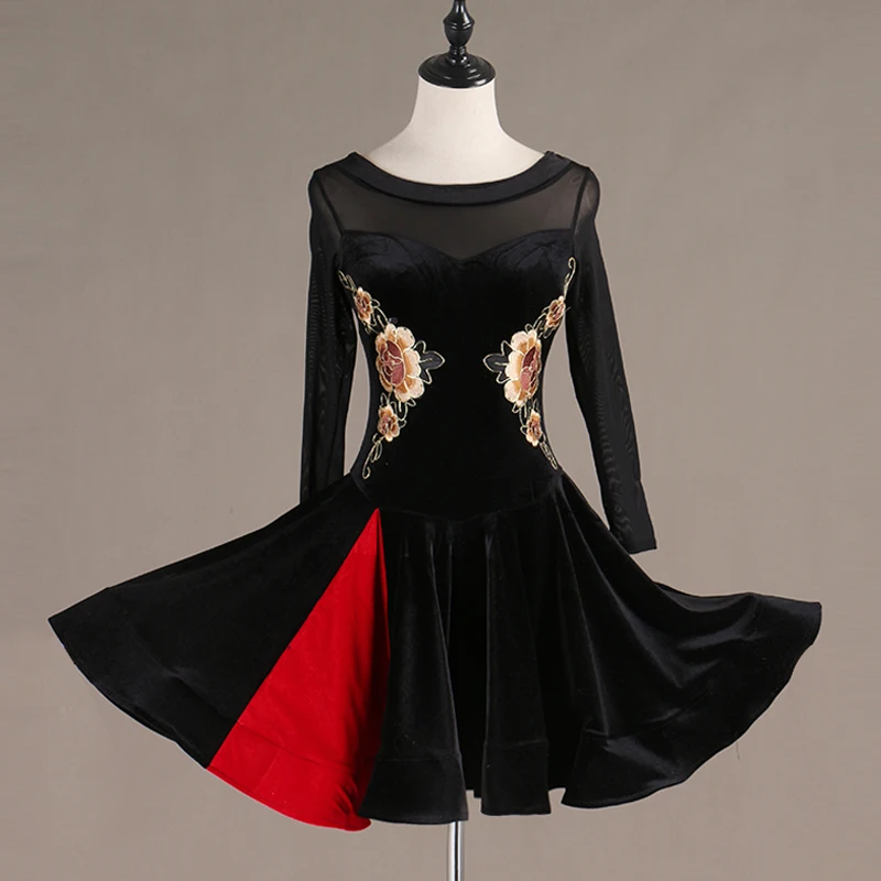 

New Latin Dance Dress Long Sleeves Women Adult Black Velvet Rumba Dress Professional Perform Ballroom Dress Latin Dress VDB552