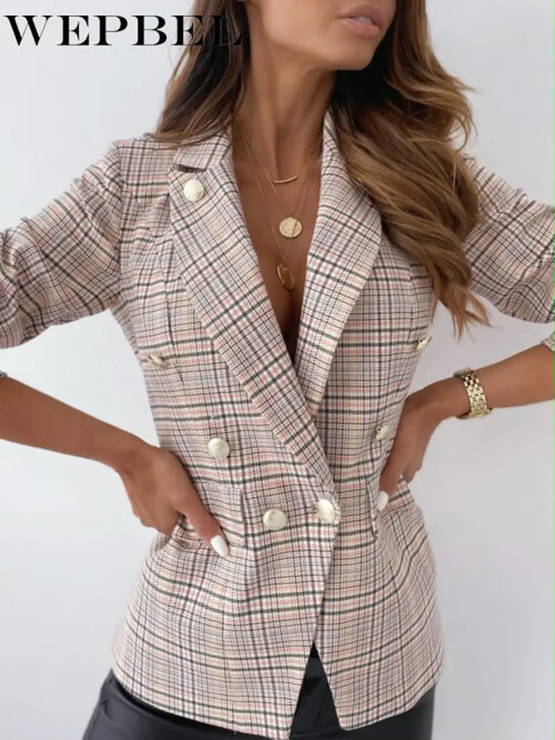 

WEPBEL Fashion Female Jackets Casual Outwear Women Plaid Coat Winter Elegant Ladies Double Breasted Slim Office Blazer