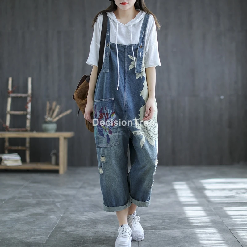

2021 women cartoon print denim jumpsuits rompers overalls loose beaded jeans pants female casual long pants rompers playsuit