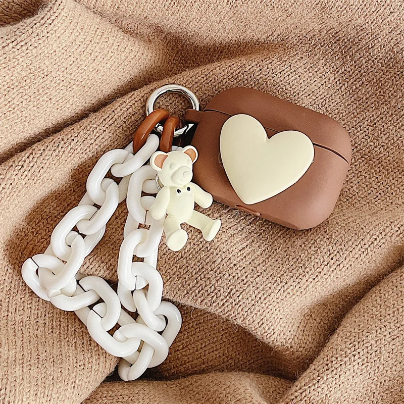 

Beige Heart Bear Chains Bracelet Brown Apple AirPods 1 2 Pro Case Cover iPhone Earbuds Accessories Airpod Case Air Pods Case