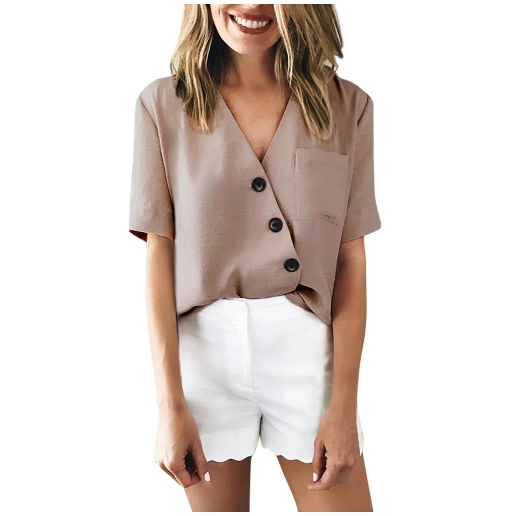Женская Повседневная Туника на пуговицах с коротким рукавом и V-образным вырезом
