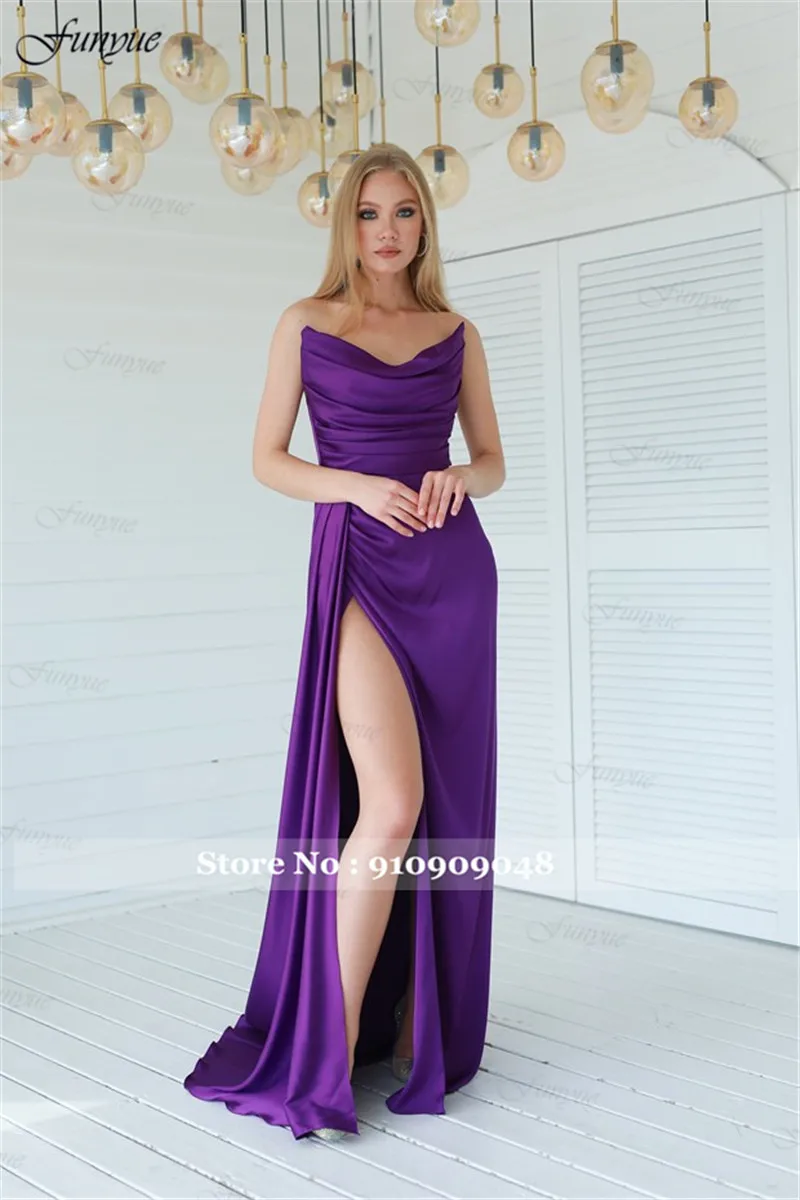 Фото Elegant Off Shoulder Evening Dresses 2025 Sexy High Split Prom Dress Mermaid Satin Simple Plus Size Formal Party Night Gown Long №5