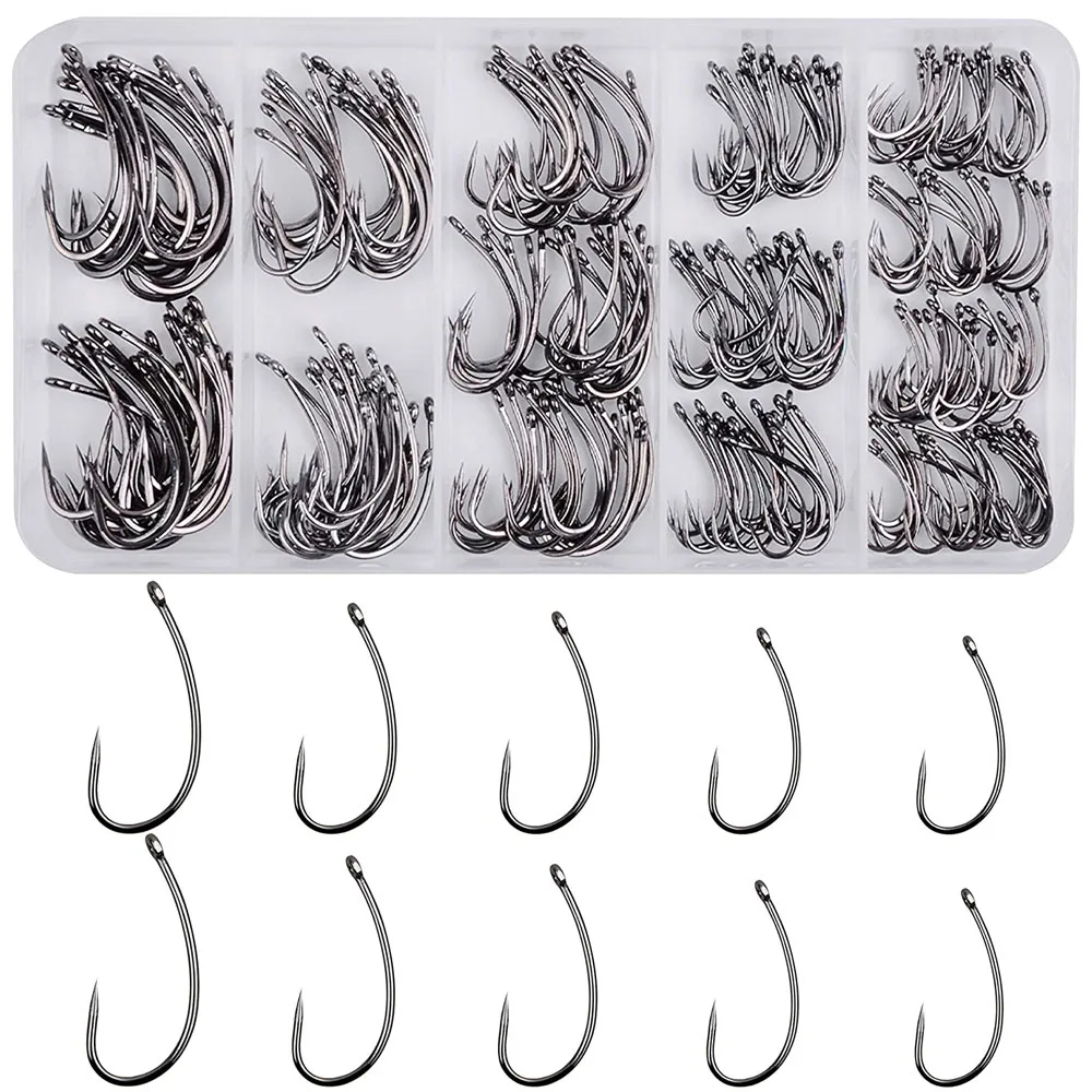 

230Pcs/box Barbless Carp Fishing Hooks Kit Non barb Curve Shank Fishhook for Hair Rigs Carp Fishing Tackle Box