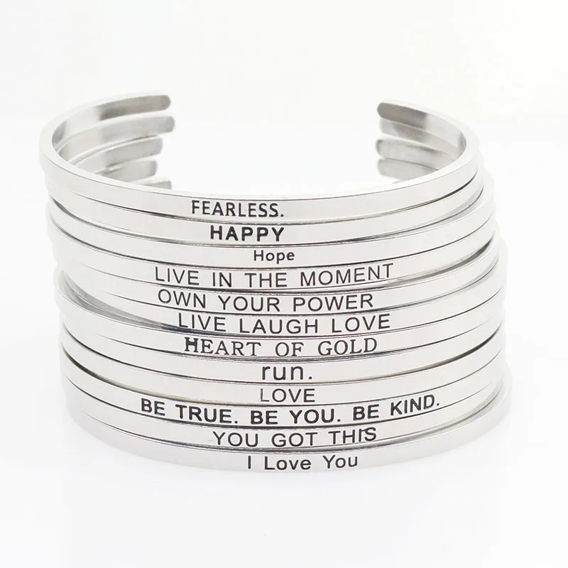 

10pcs Mix Random Style 3 Stainless Steel Engraved Positive Inspirational Quote Hand Cuff Bracelet Mantra Bangle women bangles