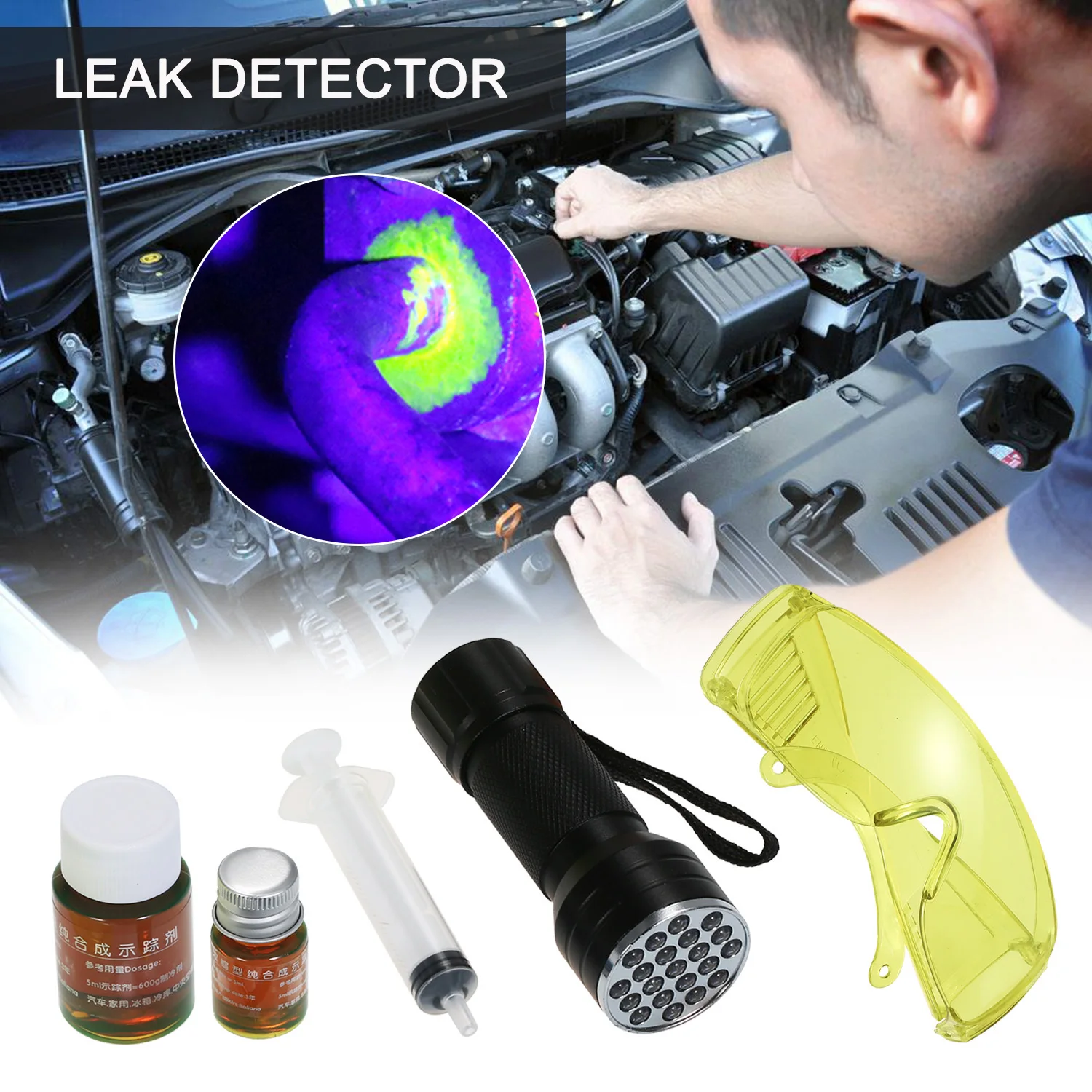 

Auto Air Conditioner Leak Detector UV Flashlight Refrigerant Leak Detection Tool Kit Car AC Leak Test Flashlight