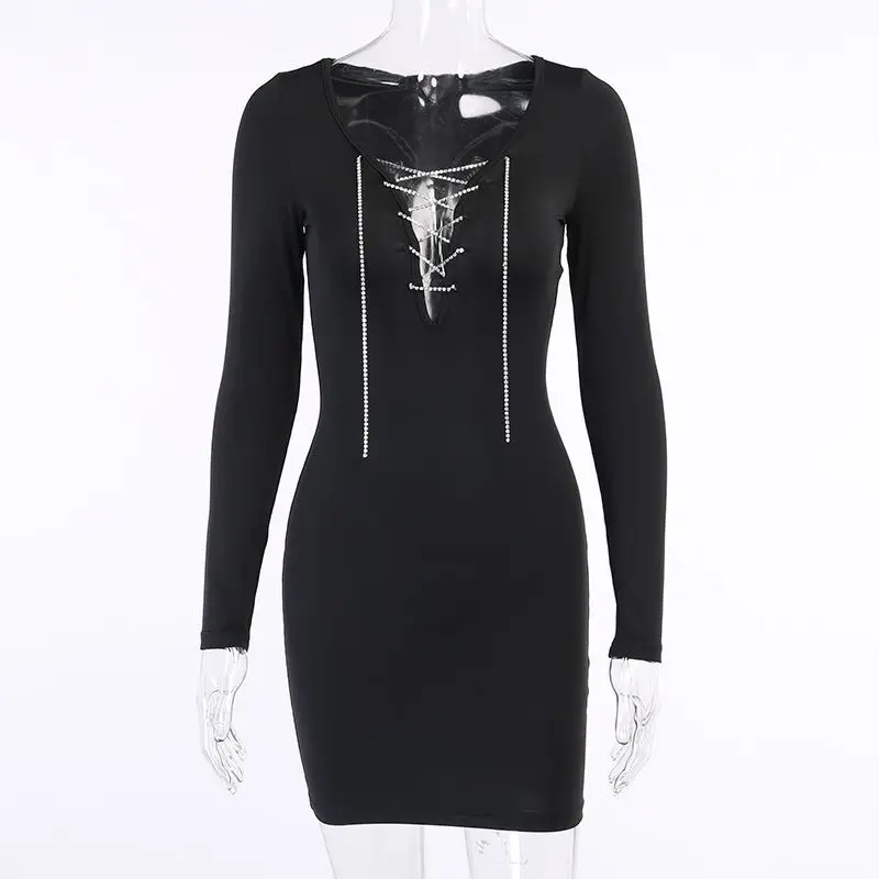 

New Autumn Women Sexy Deep V Neck Diamond Chain Lace-up Design Slim Dress Fashion Elegant Senior Club Party Ladies Robes Evening