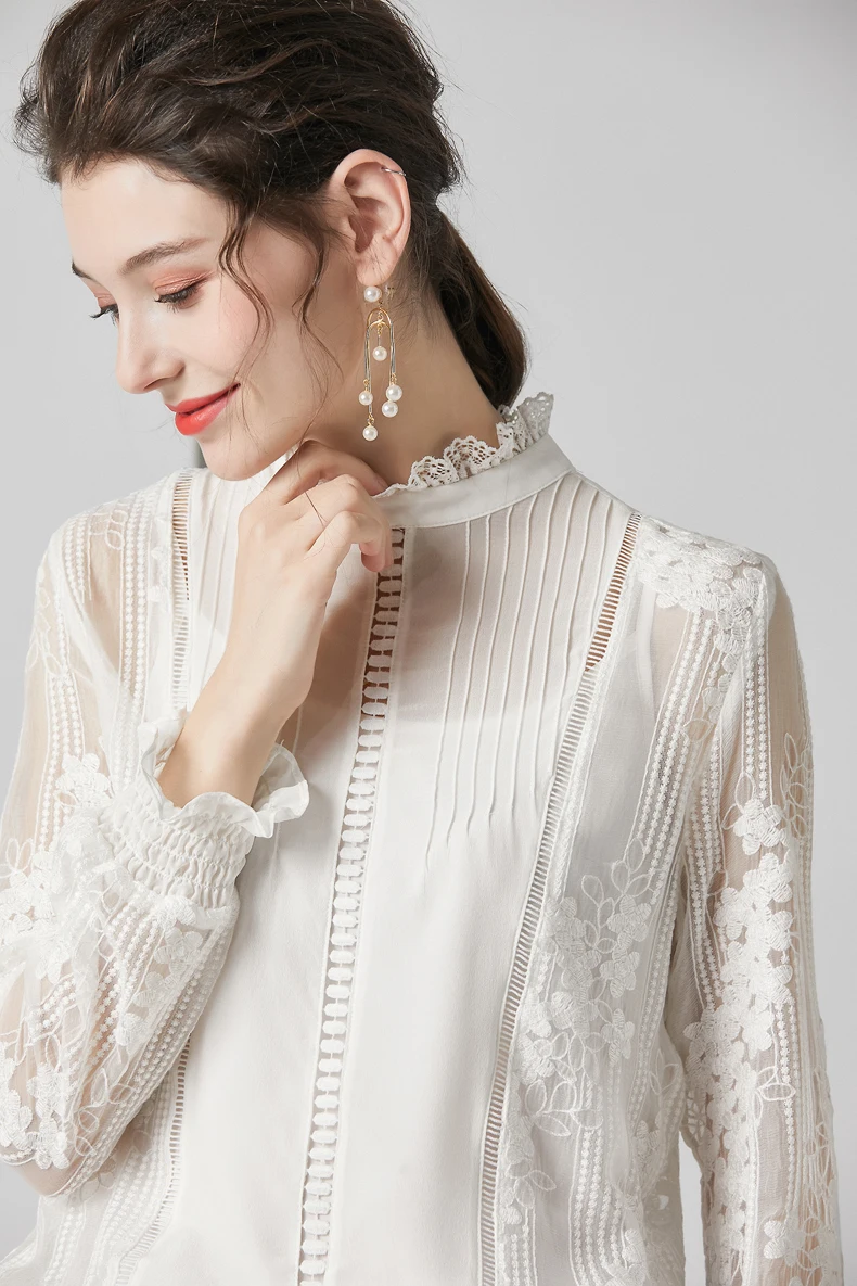 Женские рубашки из натурального шелка со стоячим воротником с длинными рукавами