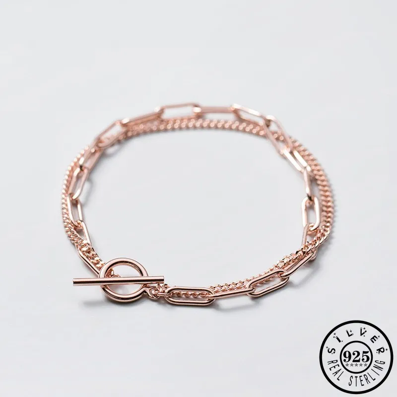 

925 Sterling Silver Unique Geometric Shape Rose Gold Color Plated Double Layer Chain OT Buckle Bracelets Jewelry Gifts for Women