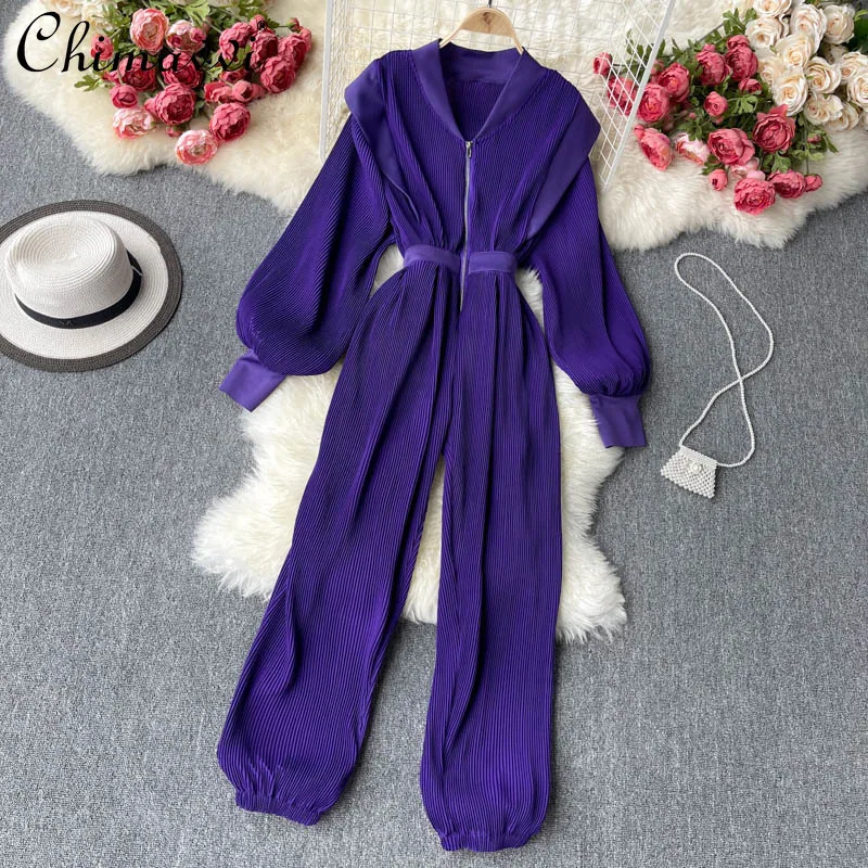 

Women Summer Plus Size Elegant Jumpsuit Combinaison Femme Club Outfits Female V Neck Slim Pleated Wide Leg Overall