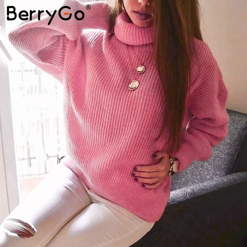 BerryGo Turtleneck women knitted sweaters Autumn winter pink female pullover jumpers Streetwear oversize ladies pure | Женская одежда