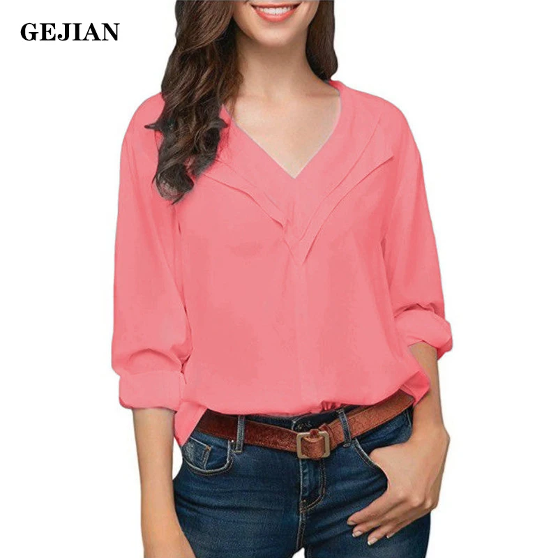 GEJIAN2019 Осенняя рубашка с длинным рукавом женская v образным вырезом однотонная