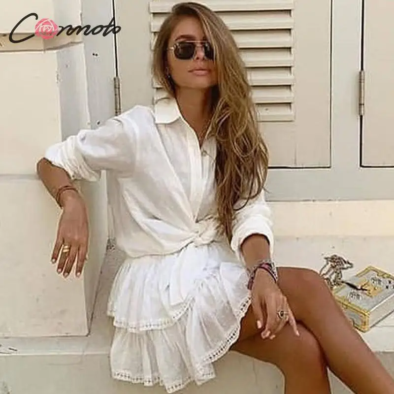 ConmotoБелая кружевная юбка в воланами короткая повседневная модная горошек для