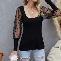 sexy hollow long sleeve t shirt women summer fashion solid polka dot square collar tops casual plus size office lady tee shirt