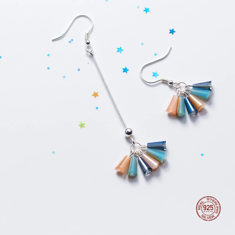 

LKO 925 Sterling Silver Fashion Colour Tassels Asymmetry Drop Earrings For Women Daughter Wedding Crystal Jewelry Earrings Gift