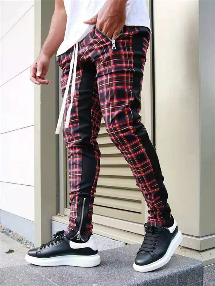 

High Quality Men's Korean Version Checked Fashion Patchwork Color Matching Small Legs Trouser Slim Casual Sports Pencil Pants