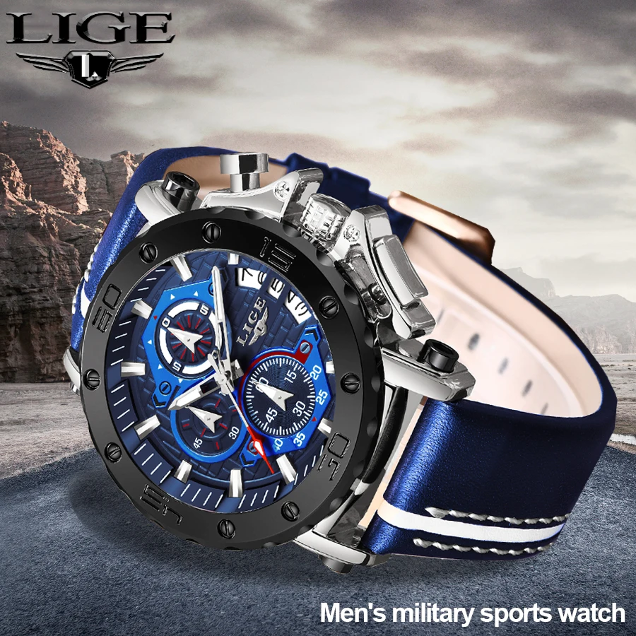 Mens Watches LIGE New Sports Watches for Men Blue Top Brand Luxury Military Leather Wrist Watch Man Clock Chronograph Wristwatch