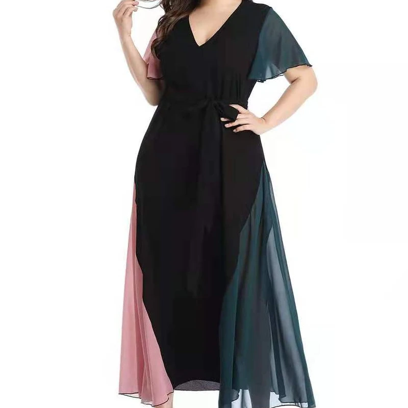 

European and American Plus Size Women's Stitching Color Matching Dress 2021 New A265