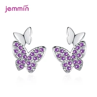 real 925 sterling silver purple crystal cute dancing butterflies stud earring for women anti allergy ear pin fine jewelry